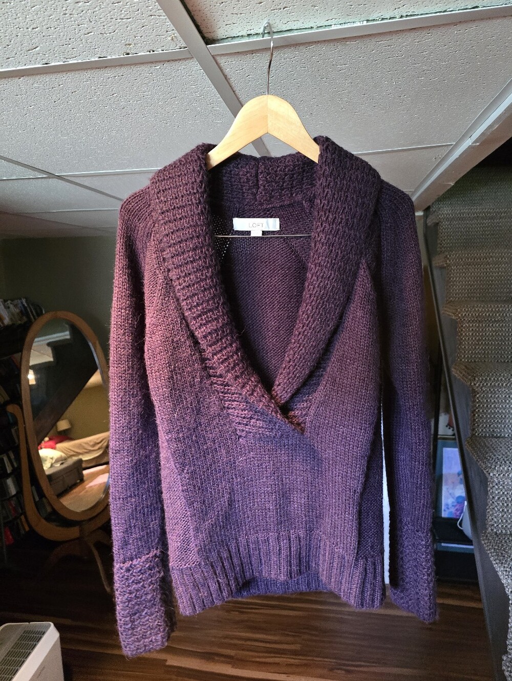 LOFT Alpaca Wool Blend Chunky Knit Shawl Collar Crossover Sweater Plum XS